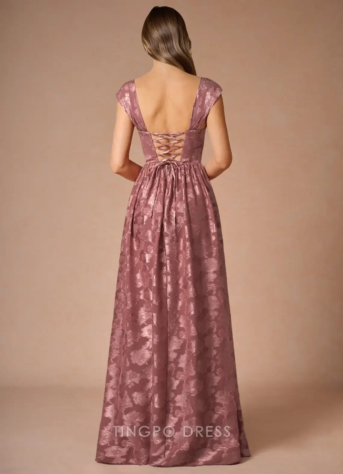 Elegant Square Neck Floral Jacquard Maxi Dress with Lace - Up Back and Pockets Prom Dress